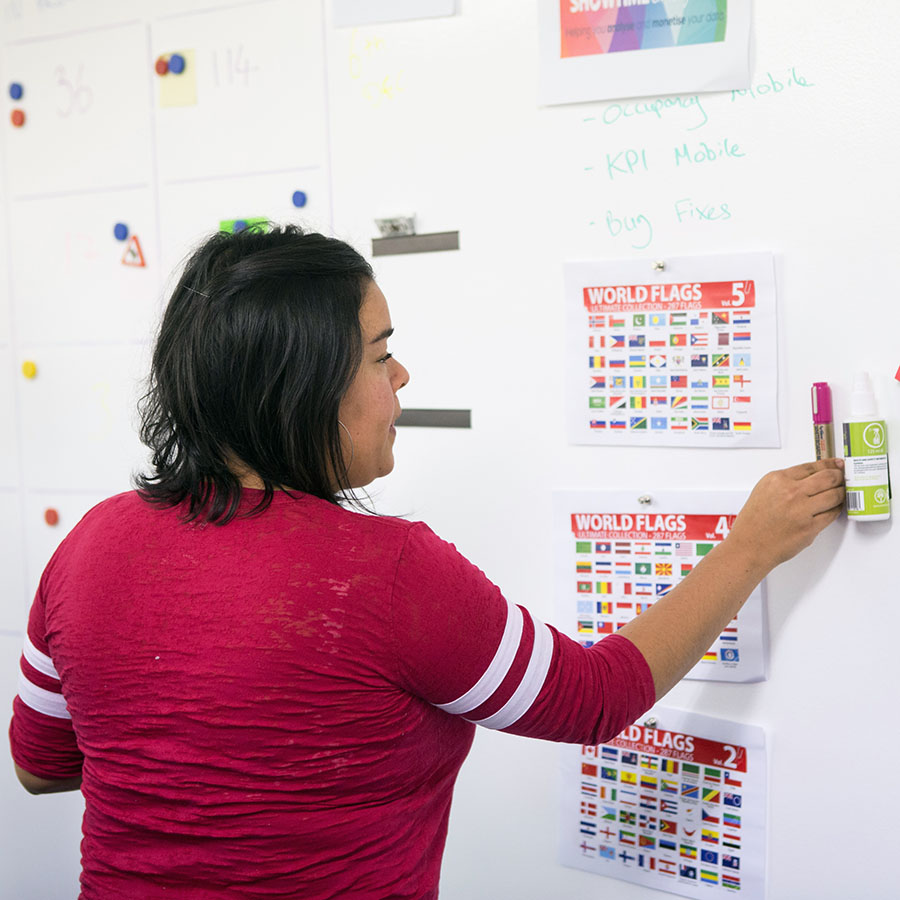 Dual uses of magnetic whiteboard wallpaper on office wall