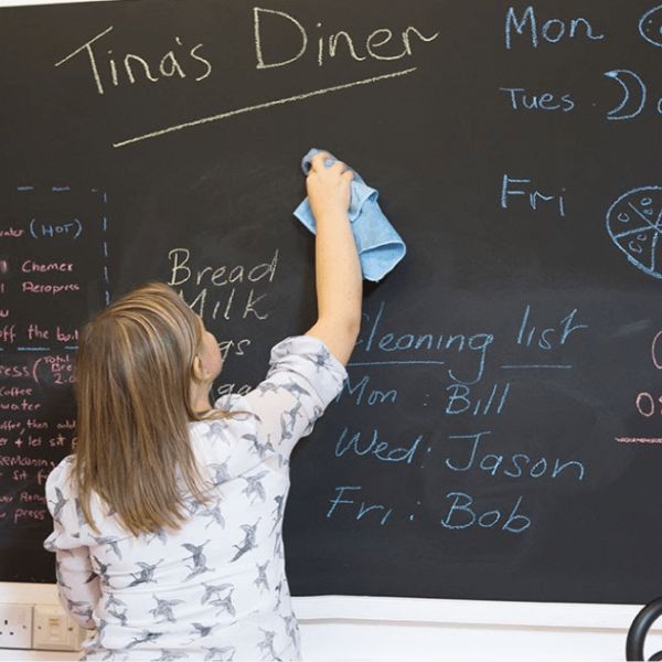 woman using smart surfaces chalkboard paint and microfiber cloth